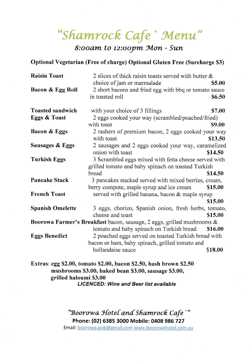 Menu, Shamrock Cafe` Boorowa