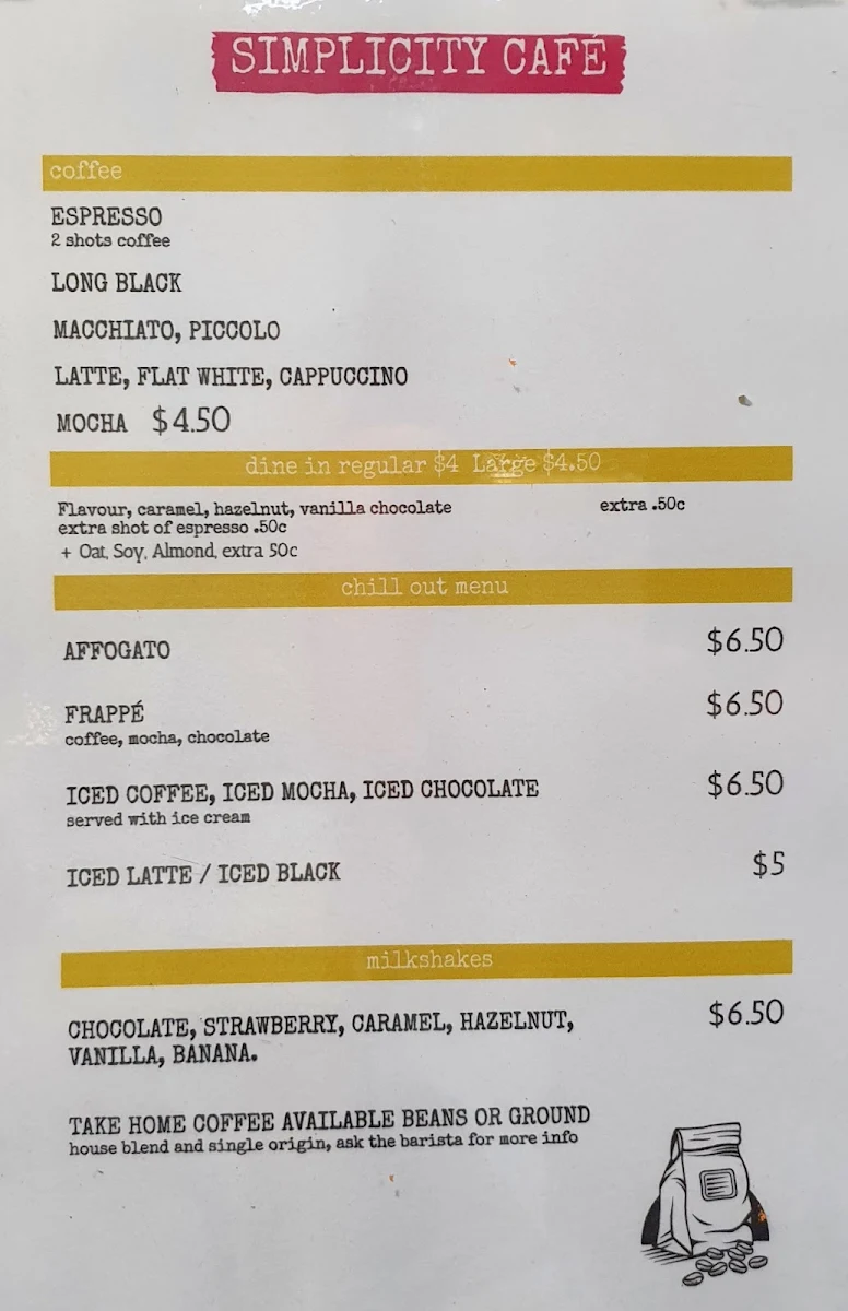 Menu, Simplicity cafe