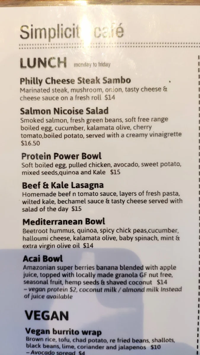 Menu, Simplicity cafe