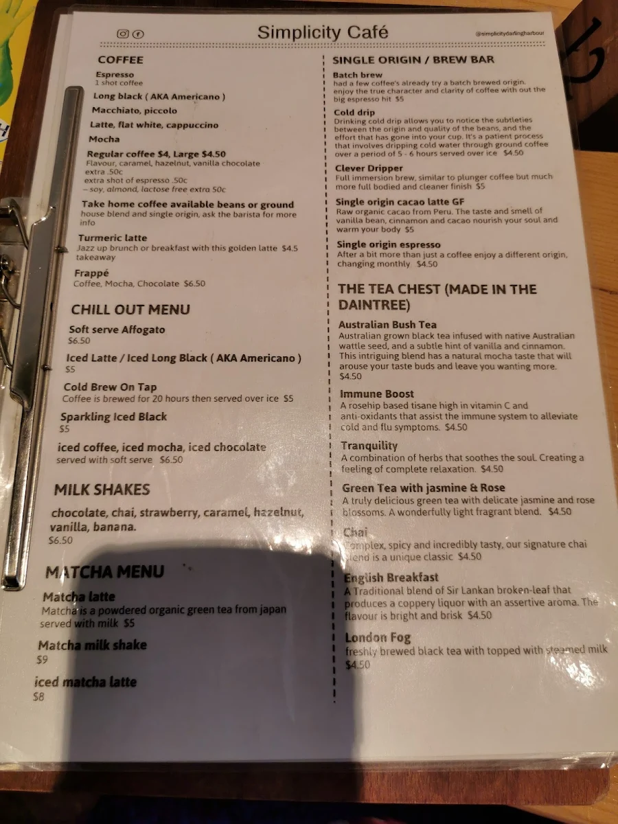 Menu, Simplicity cafe