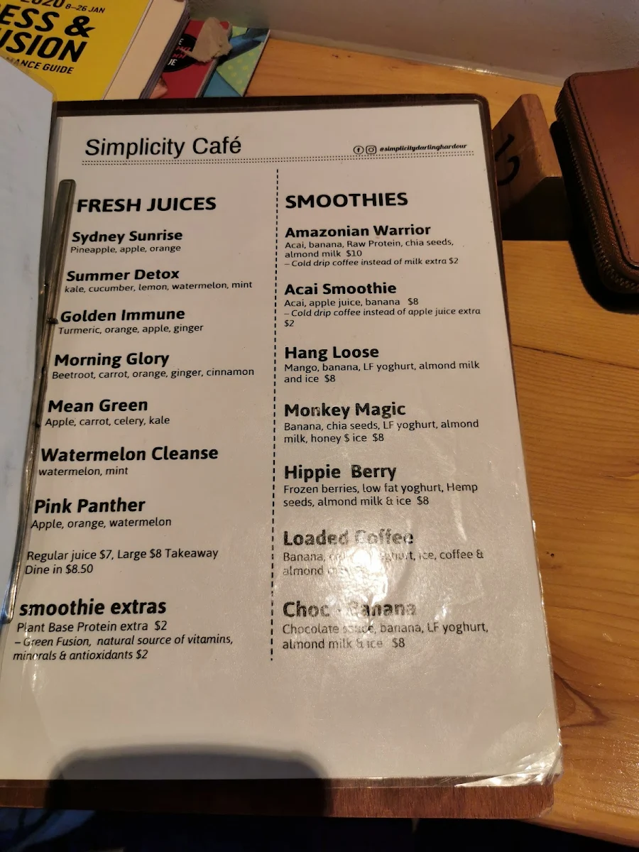 Menu, Simplicity cafe