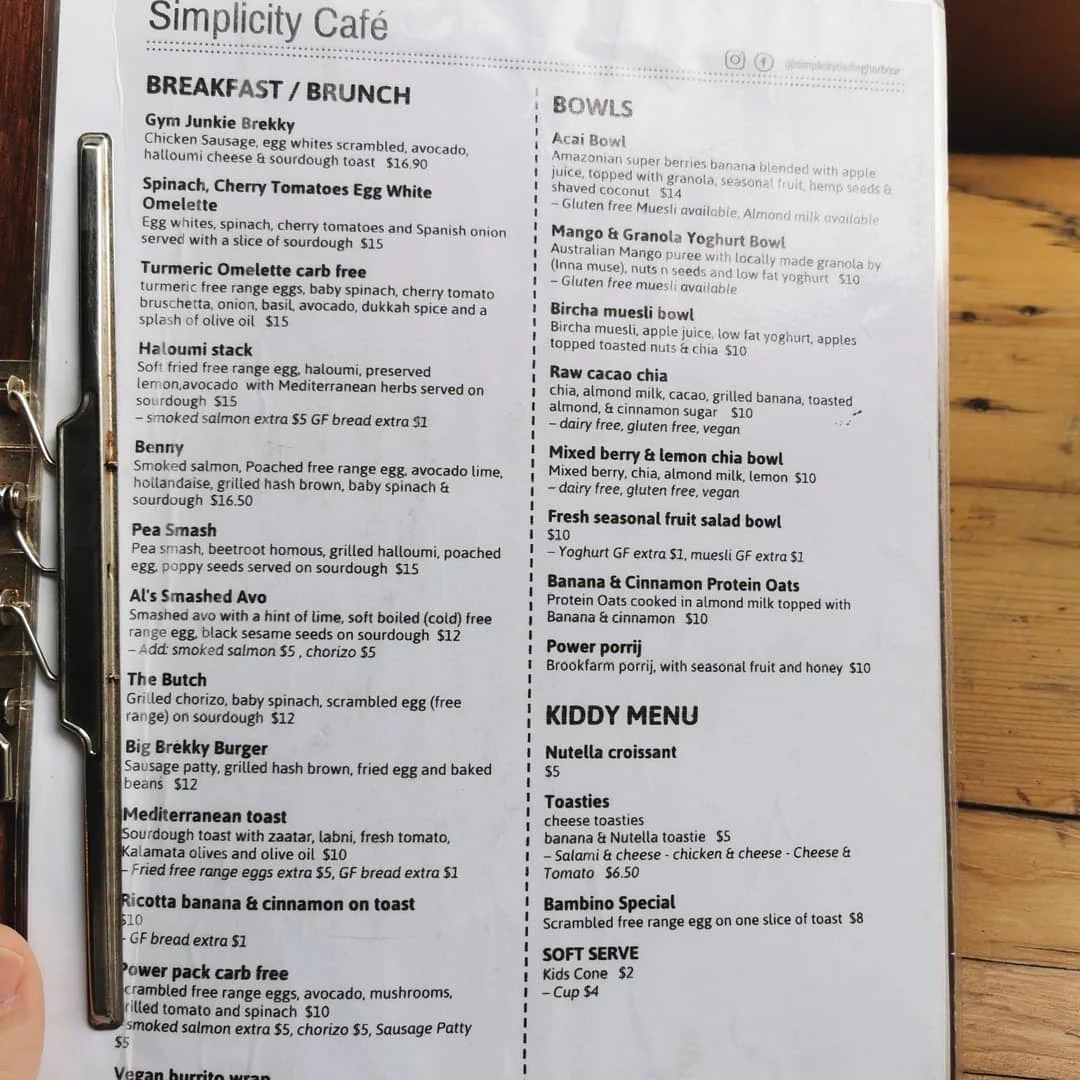 Menu, Simplicity cafe