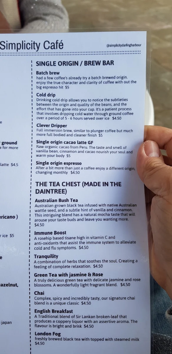 Menu, Simplicity cafe