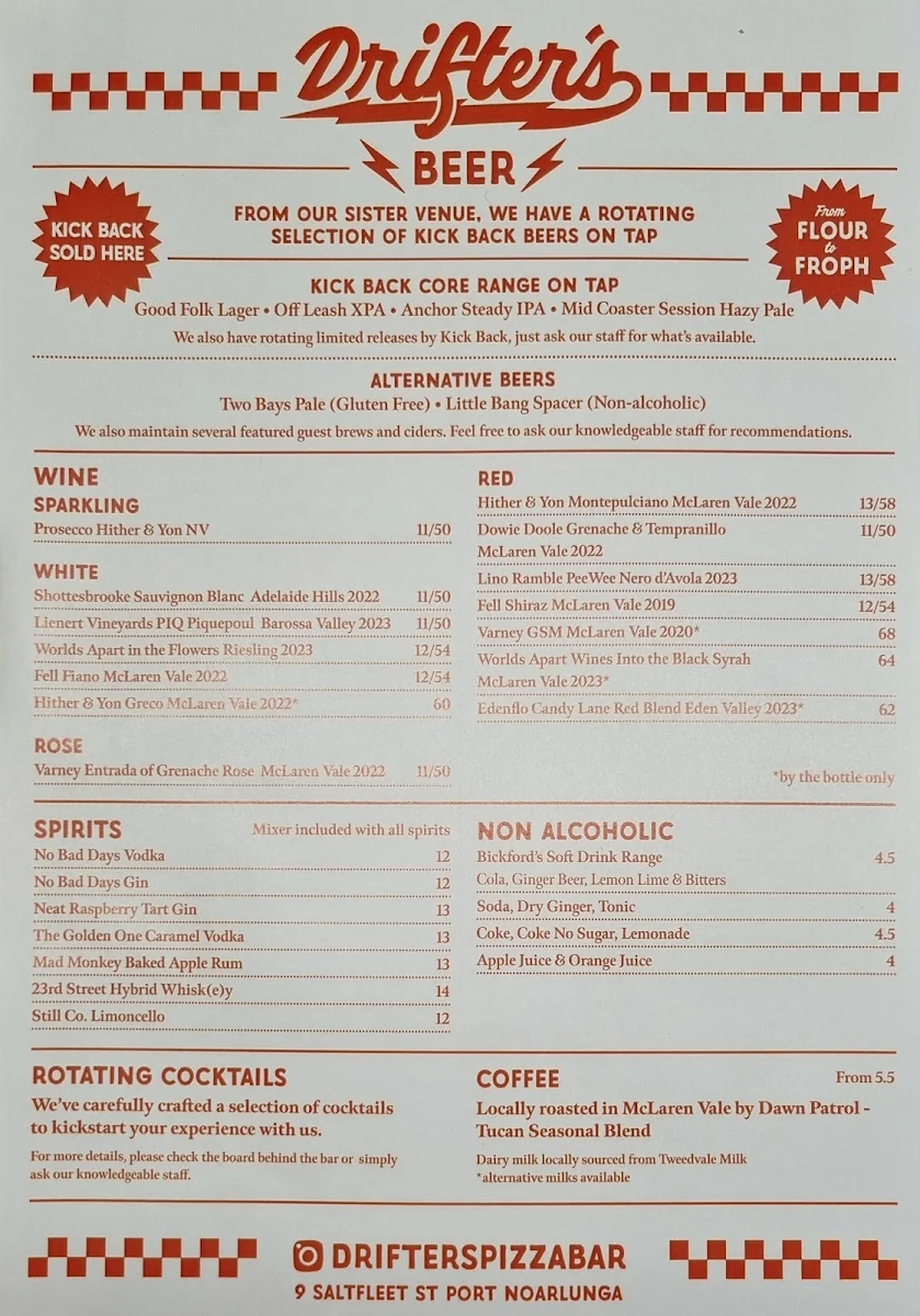 Menu, Drifter's Pizza and Beer
