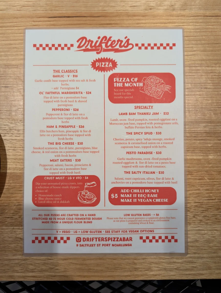Menu, Drifter's Pizza and Beer