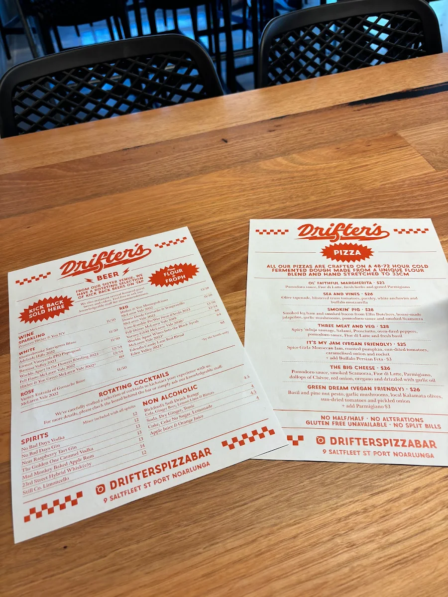 Menu, Drifter's Pizza and Beer