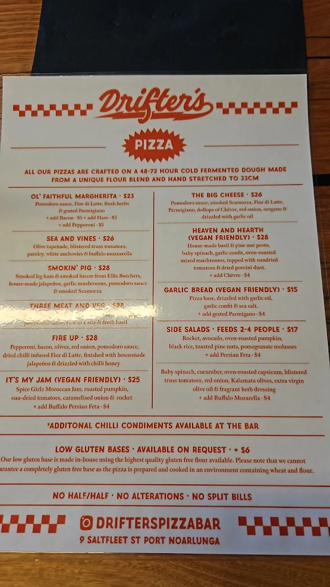 Menu, Drifter's Pizza and Beer