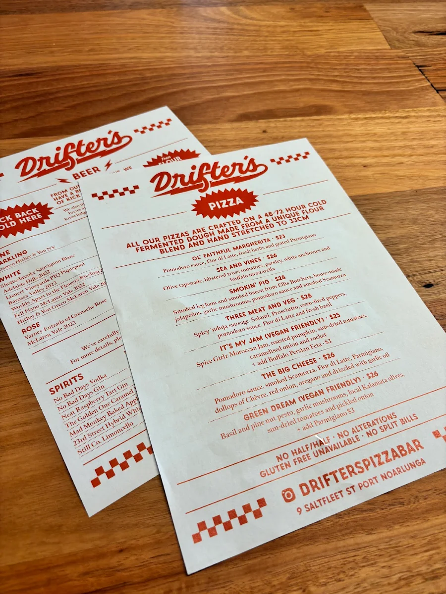 Menu, Drifter's Pizza and Beer