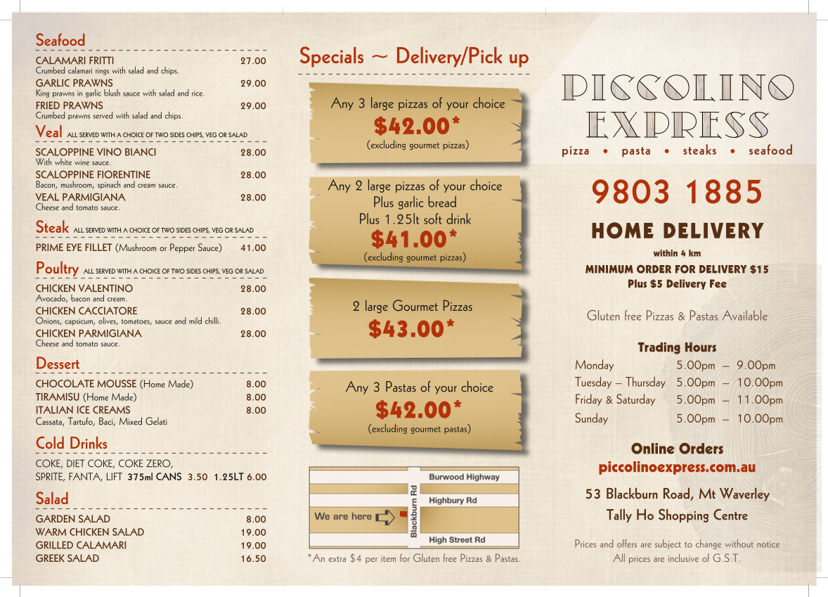 Menu, Piccolino Express (takeaway)