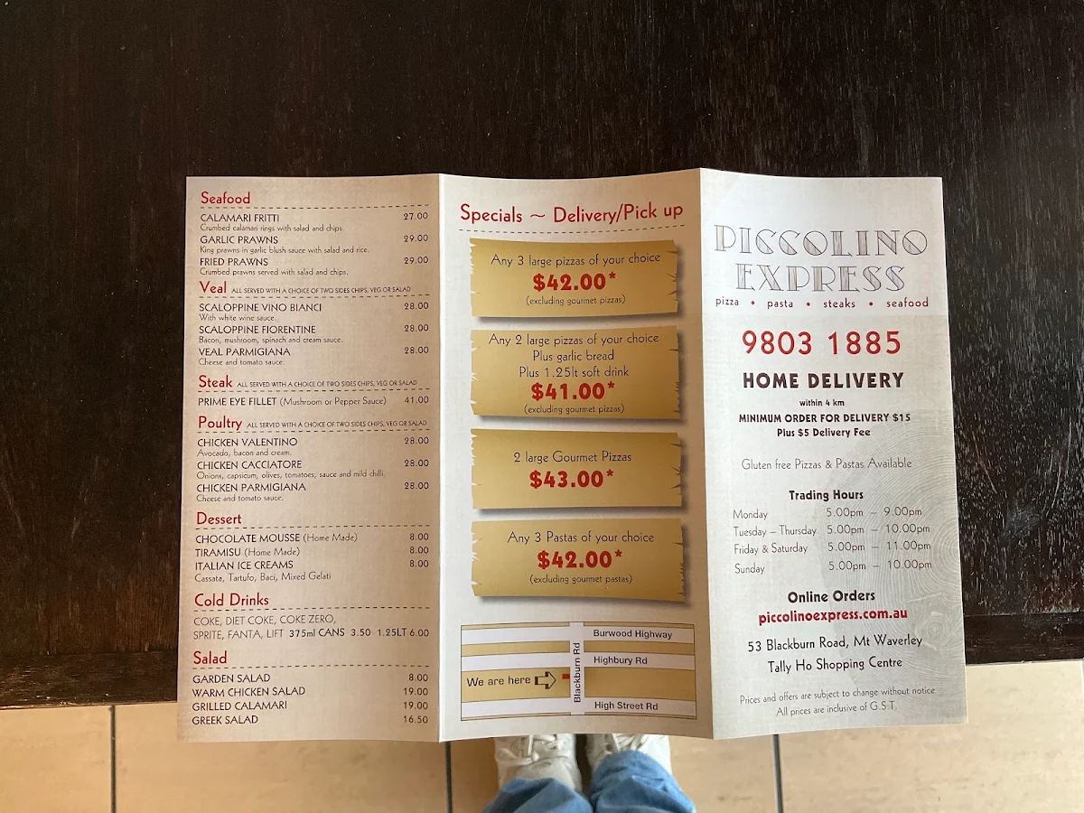 Menu, Piccolino Express (takeaway)
