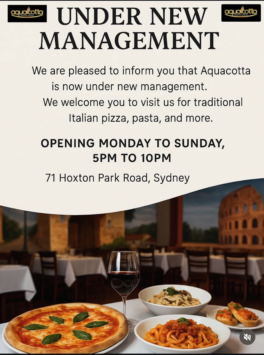 Menu, Aquacotta italian restaurant Wood fire pizza and fresh pasta