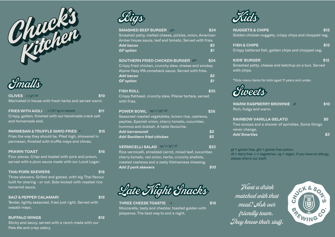 Menu, Chuck and Son's Brewing Co.