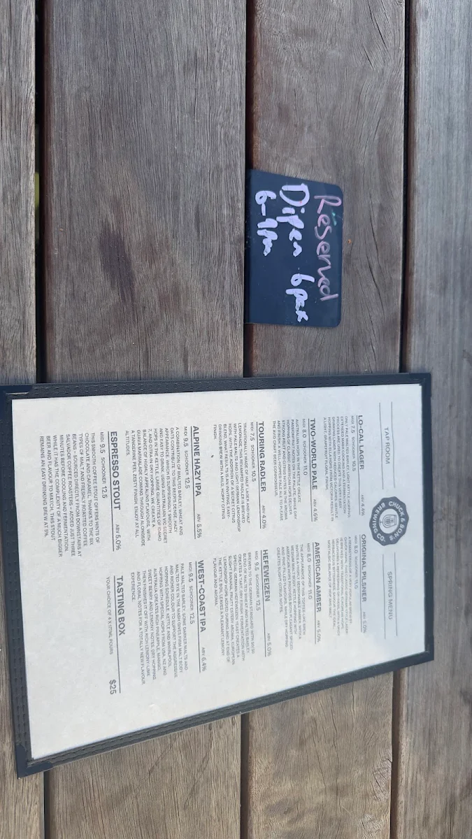 Menu, Chuck and Son's Brewing Co.