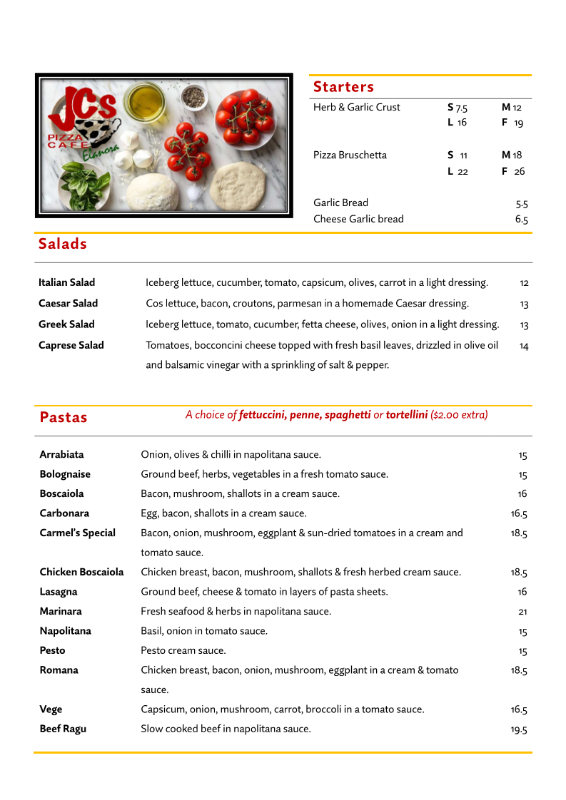 Menu, JC's Pizza Elanora