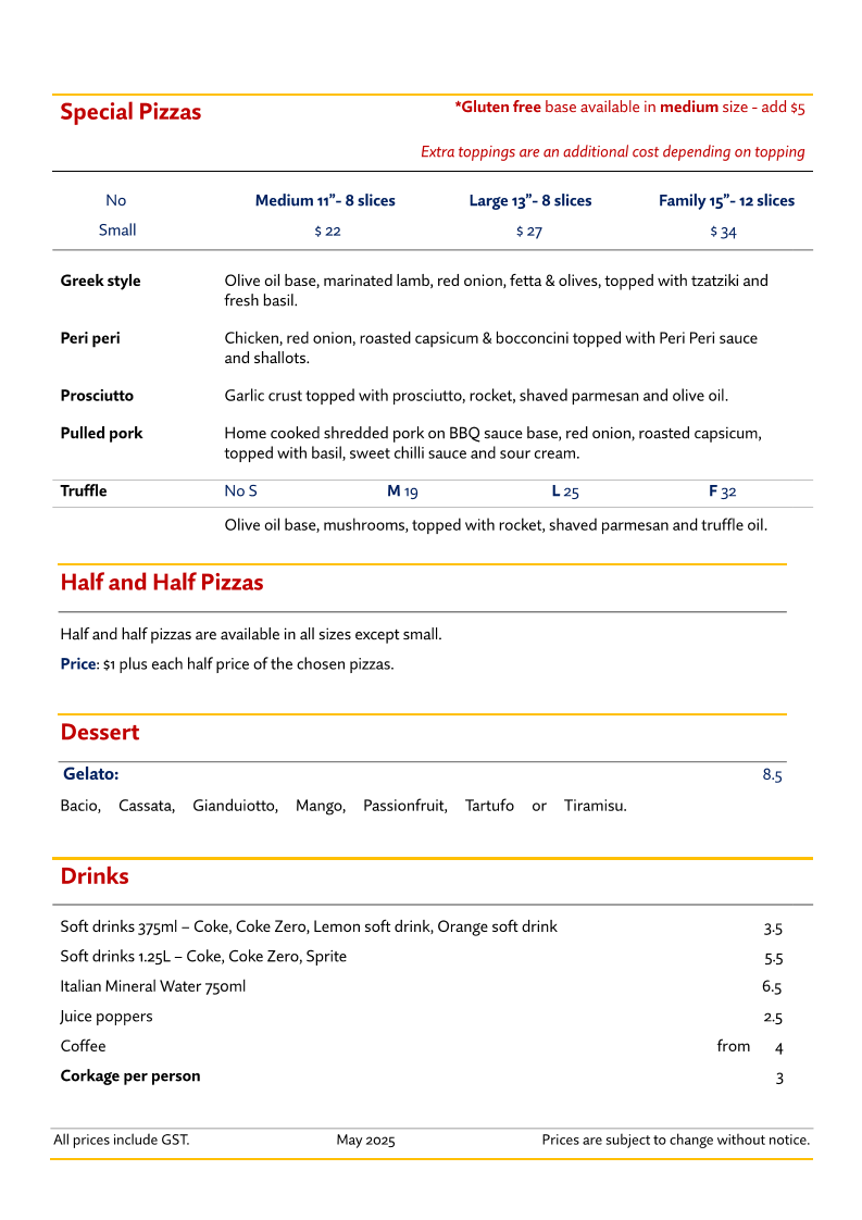 Menu, JC's Pizza Elanora