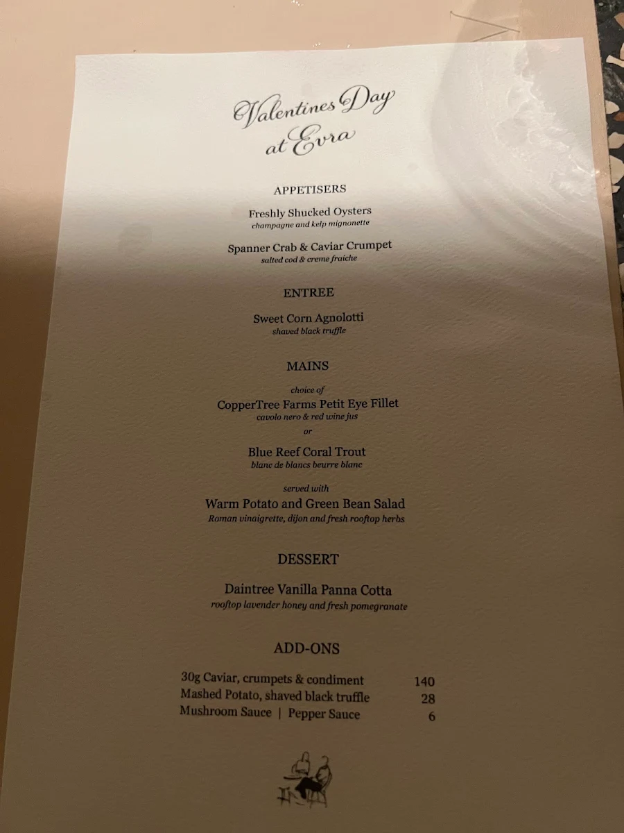 Menu, Evra Restaurant & Bar