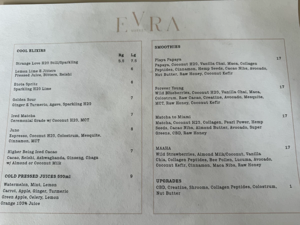 Menu, Evra Restaurant & Bar