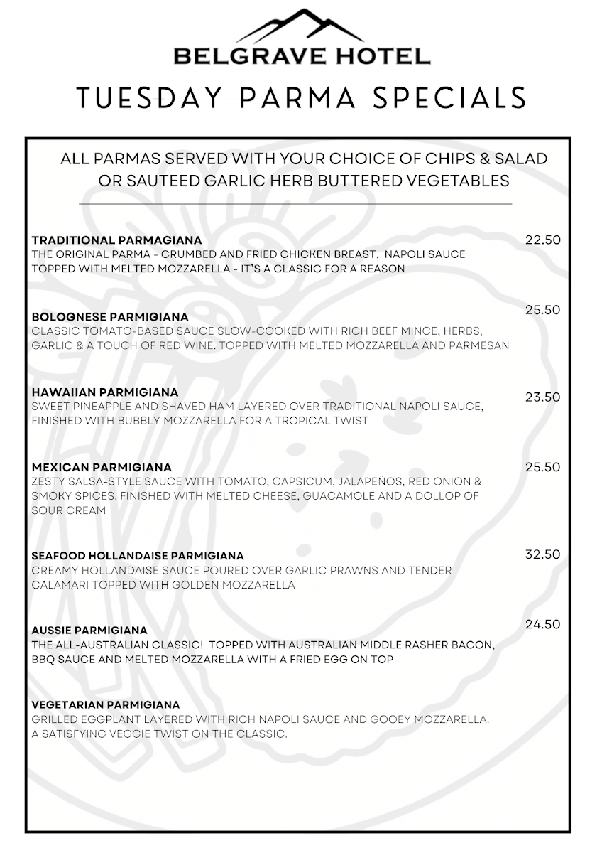 Menu, Belgrave Hotel