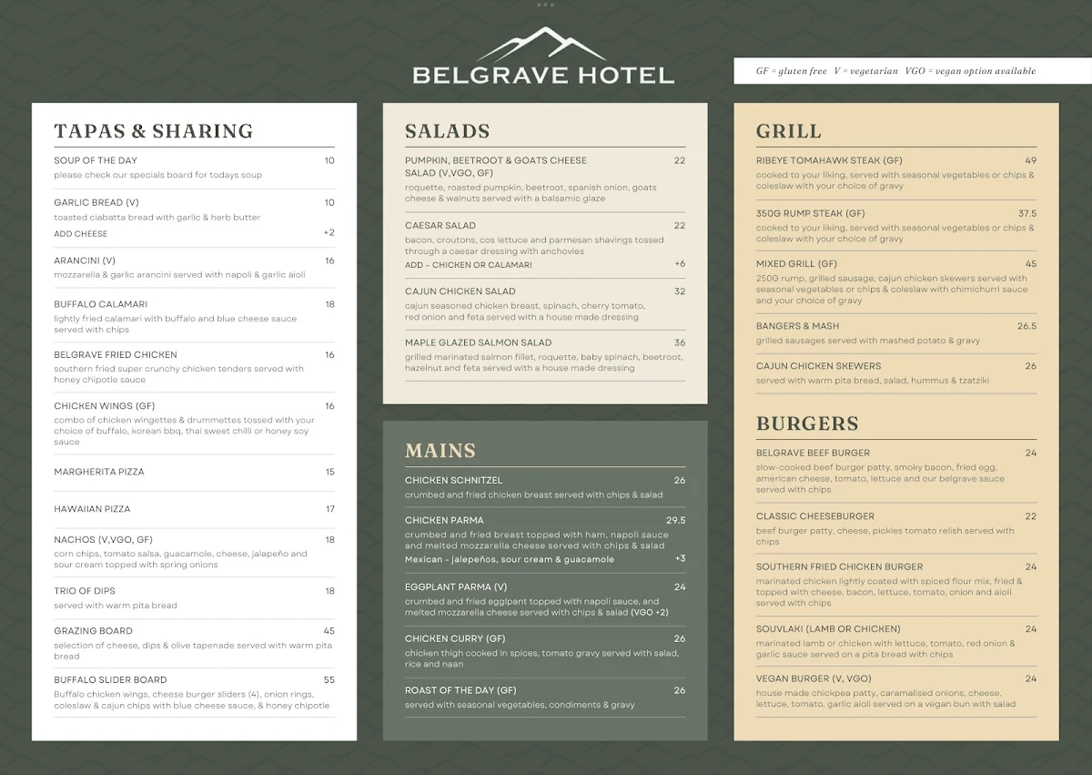 Menu, Belgrave Hotel