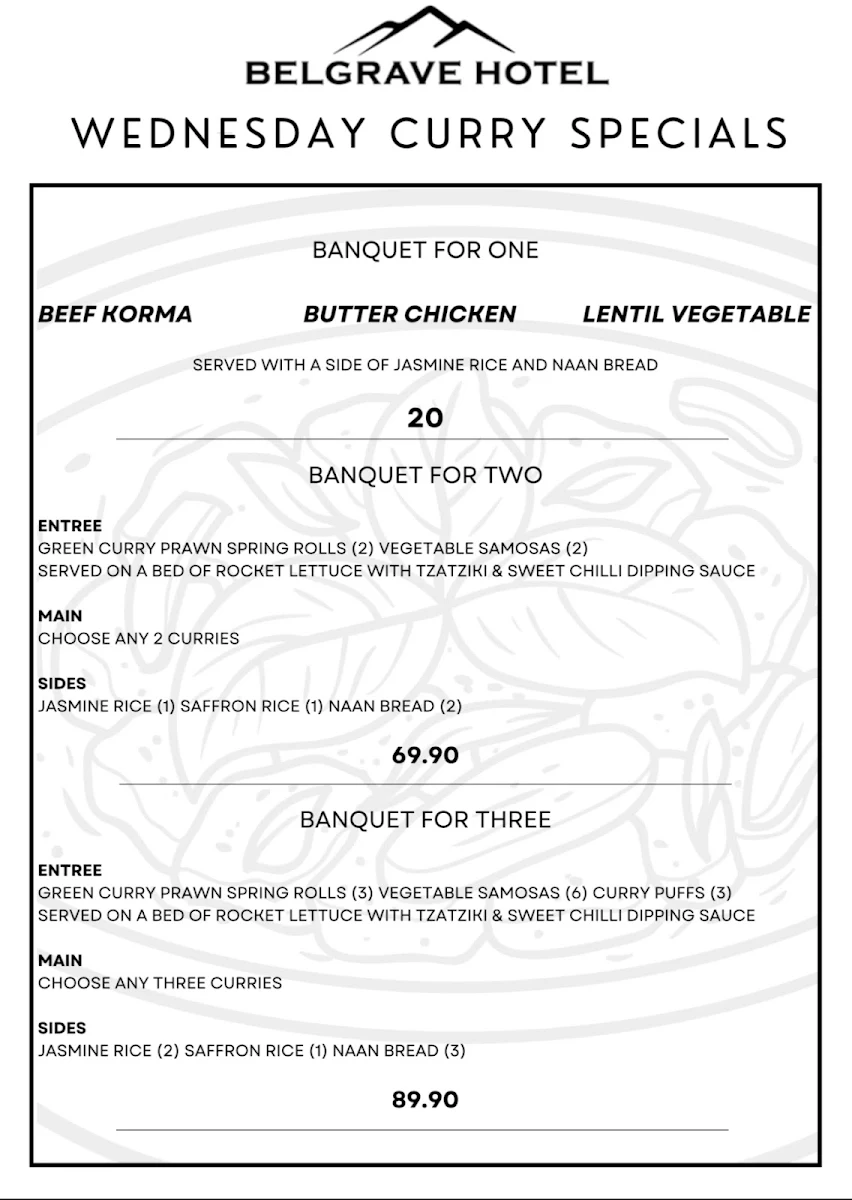 Menu, Belgrave Hotel