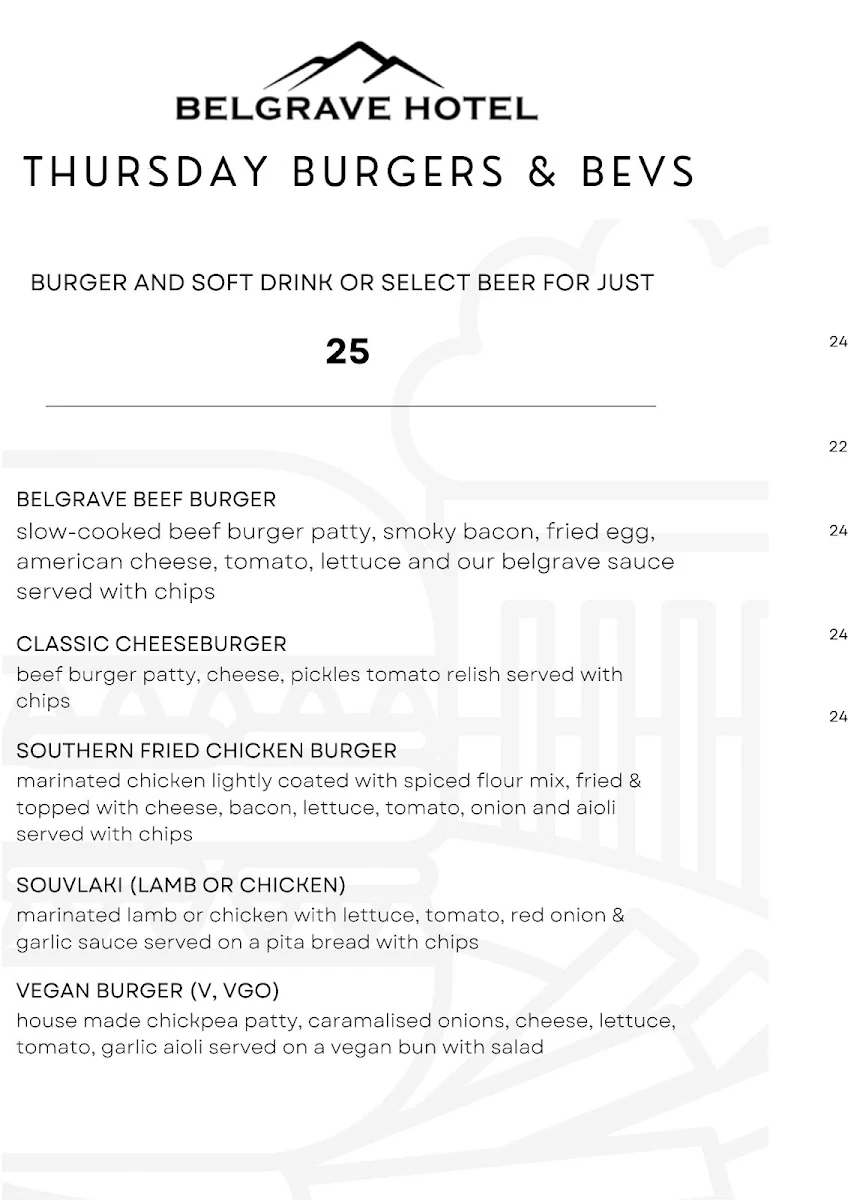 Menu, Belgrave Hotel