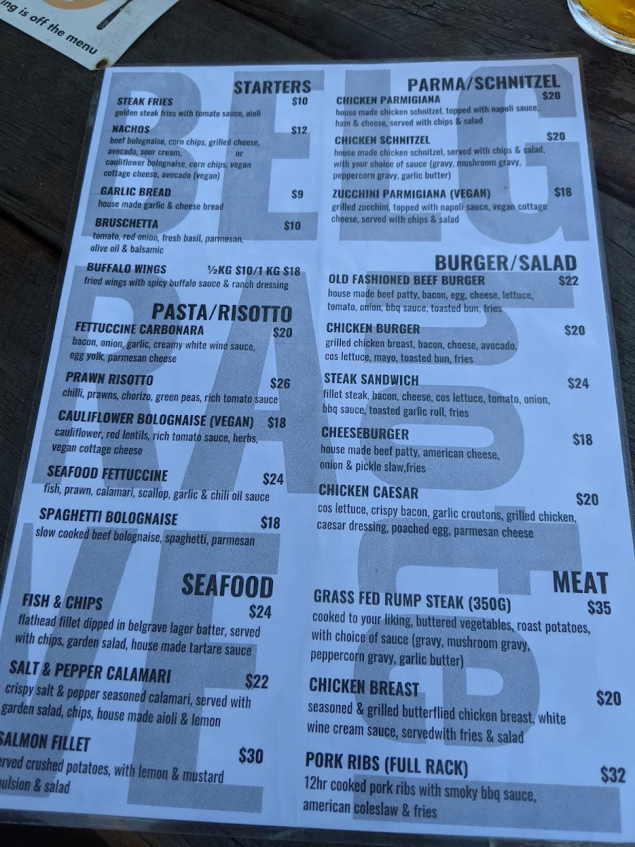 Menu, Belgrave Hotel