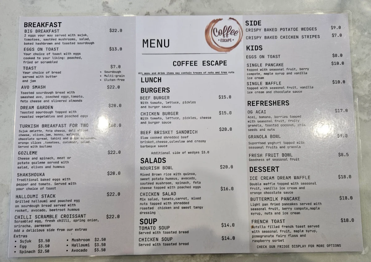 Menu, Coffee Escape