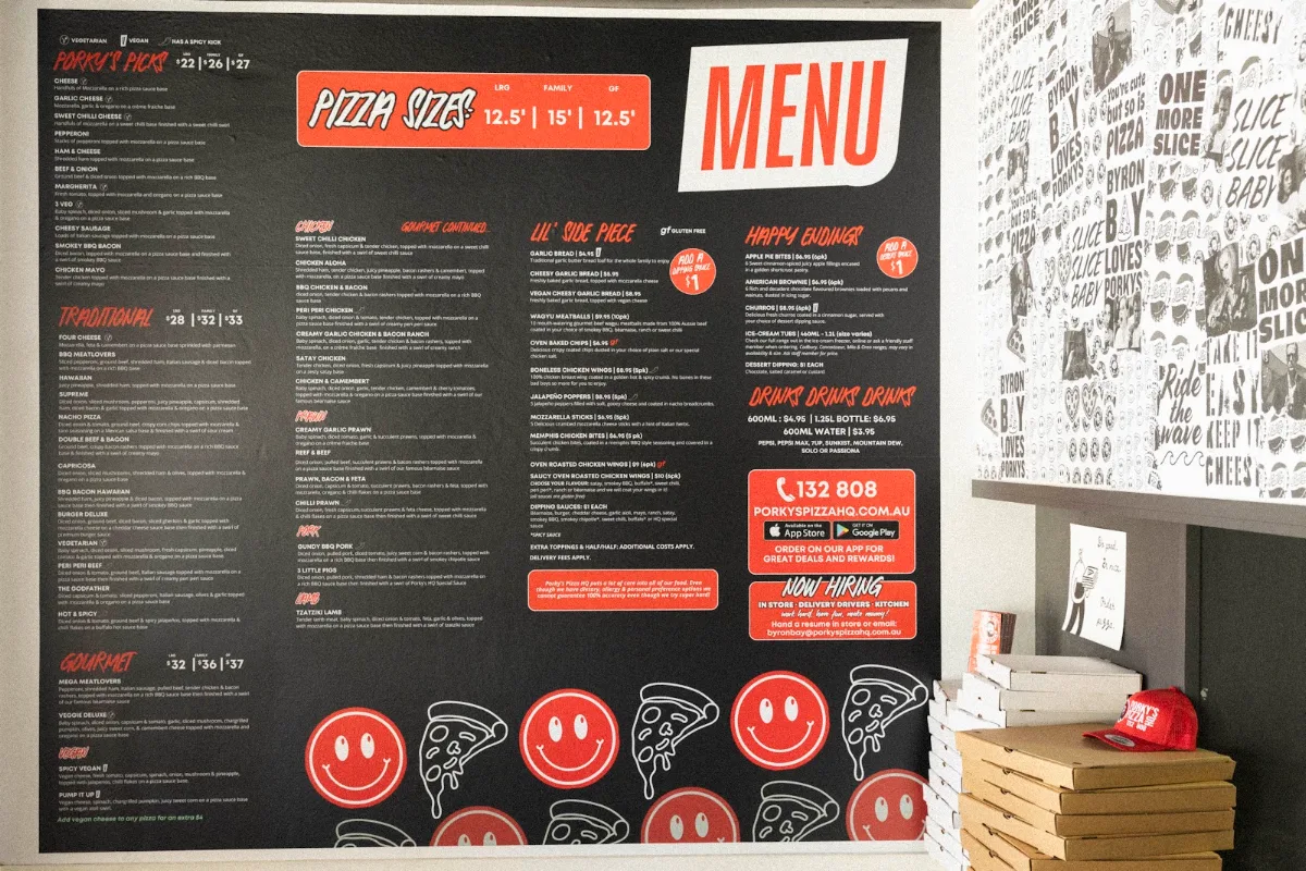 Menu, Porky's Pizza HQ Byron Bay