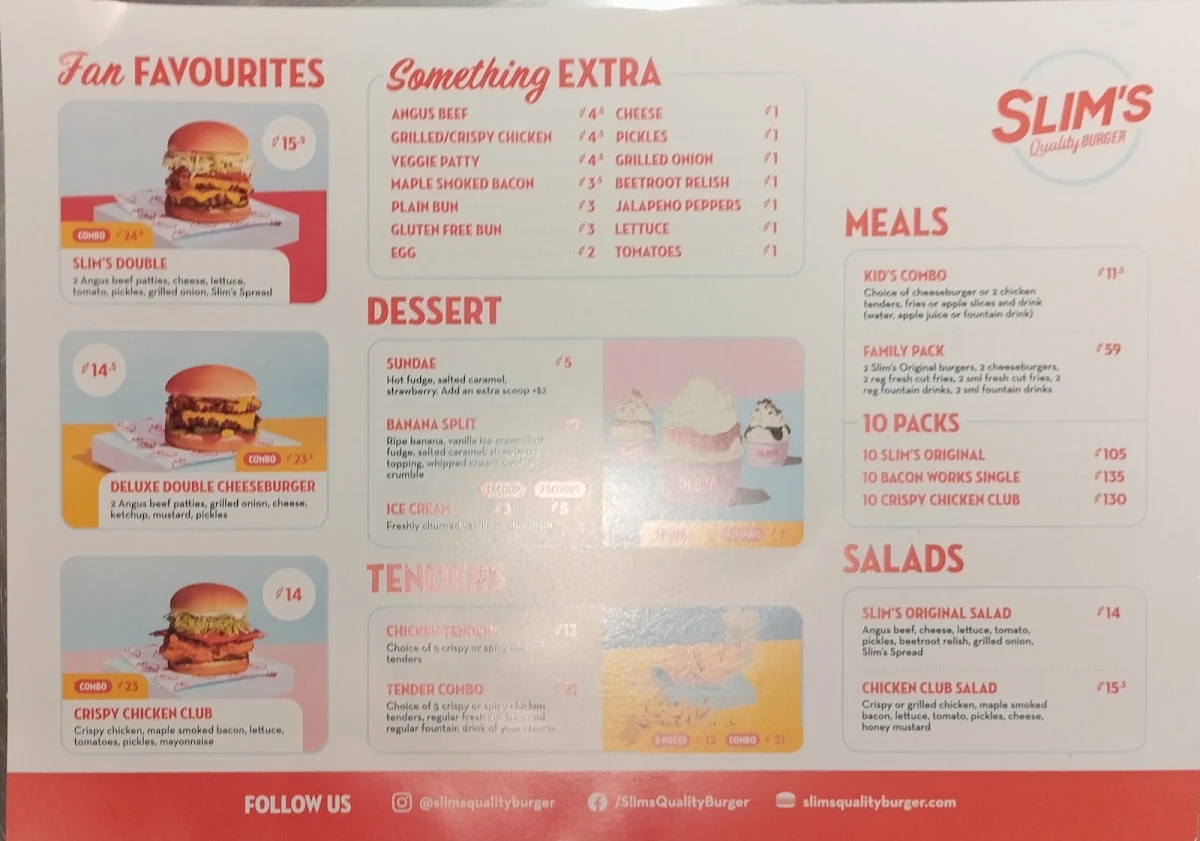 Menu, Slim's Quality Burger