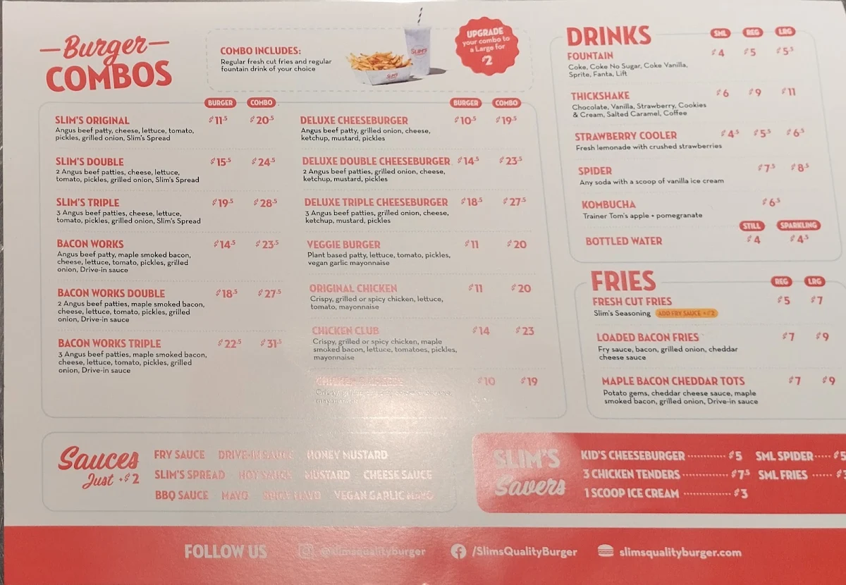 Menu, Slim's Quality Burger