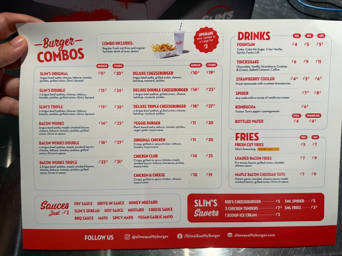 Menu, Slim's Quality Burger