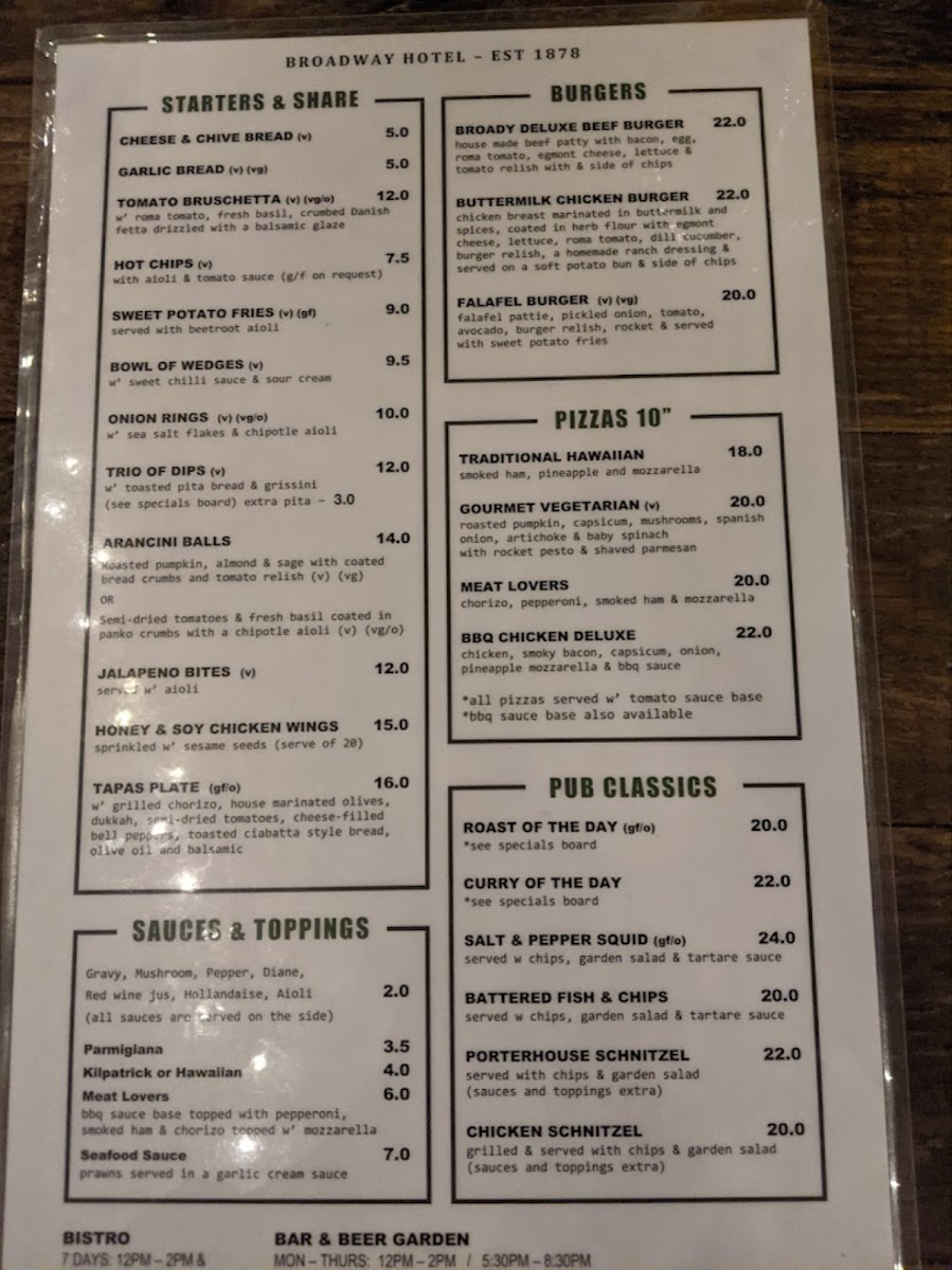 Menu, Broadway Hotel