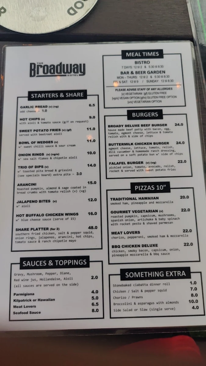 Menu, Broadway Hotel