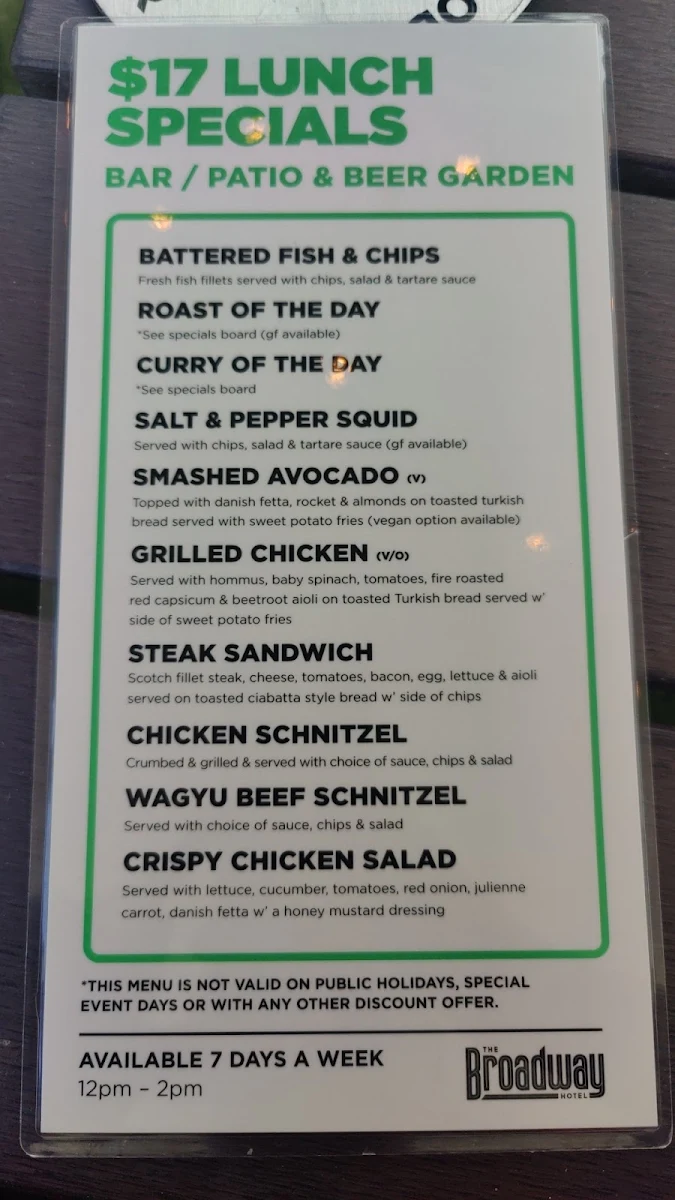 Menu, Broadway Hotel