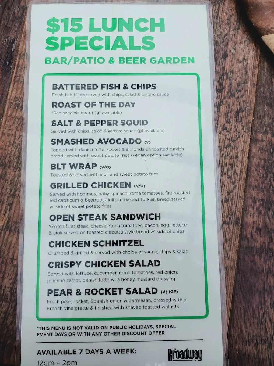 Menu, Broadway Hotel