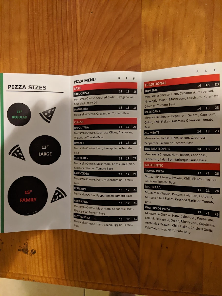 Menu, Waterside Pizza Pacific Pines
