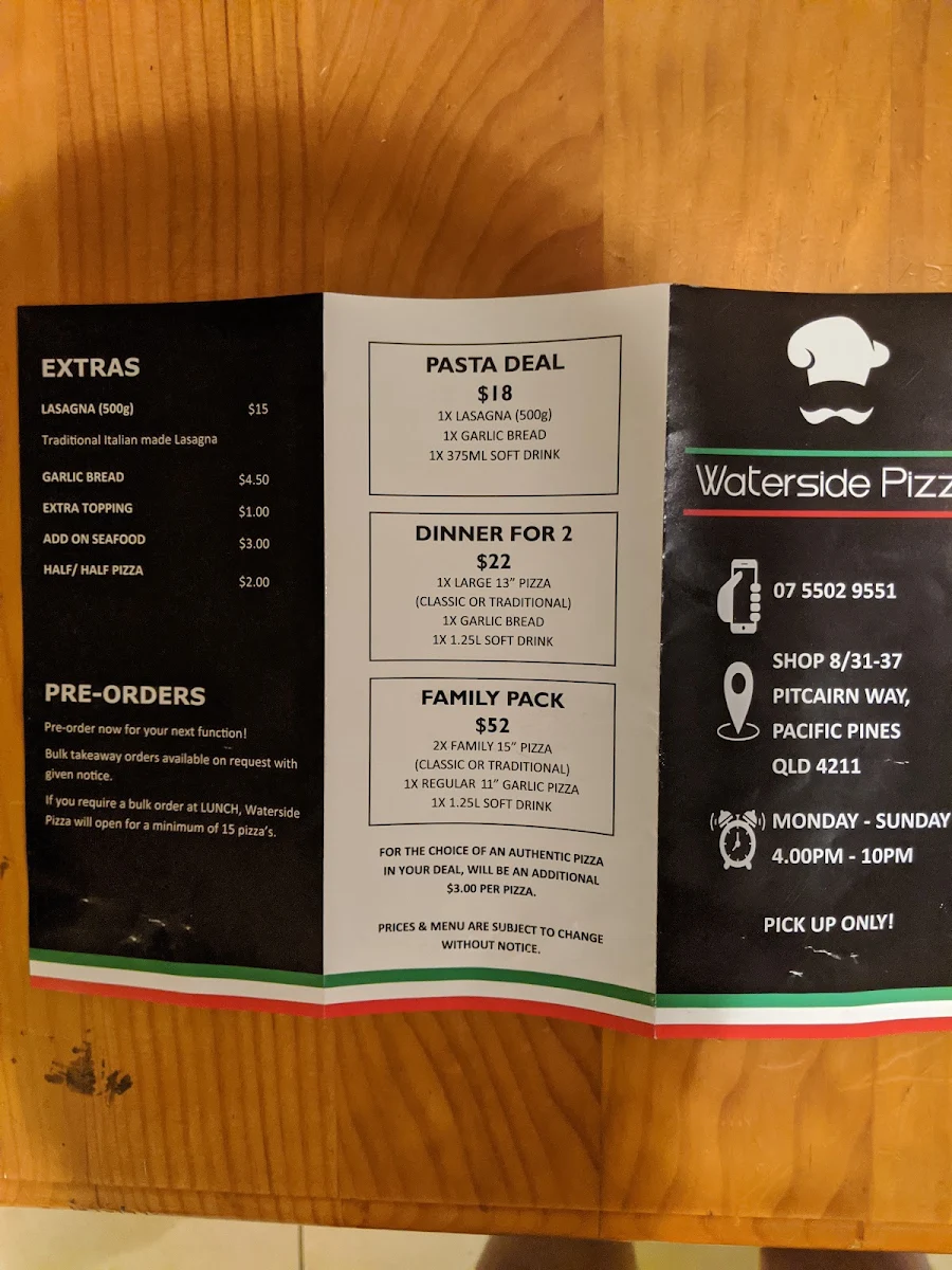 Menu, Waterside Pizza Pacific Pines