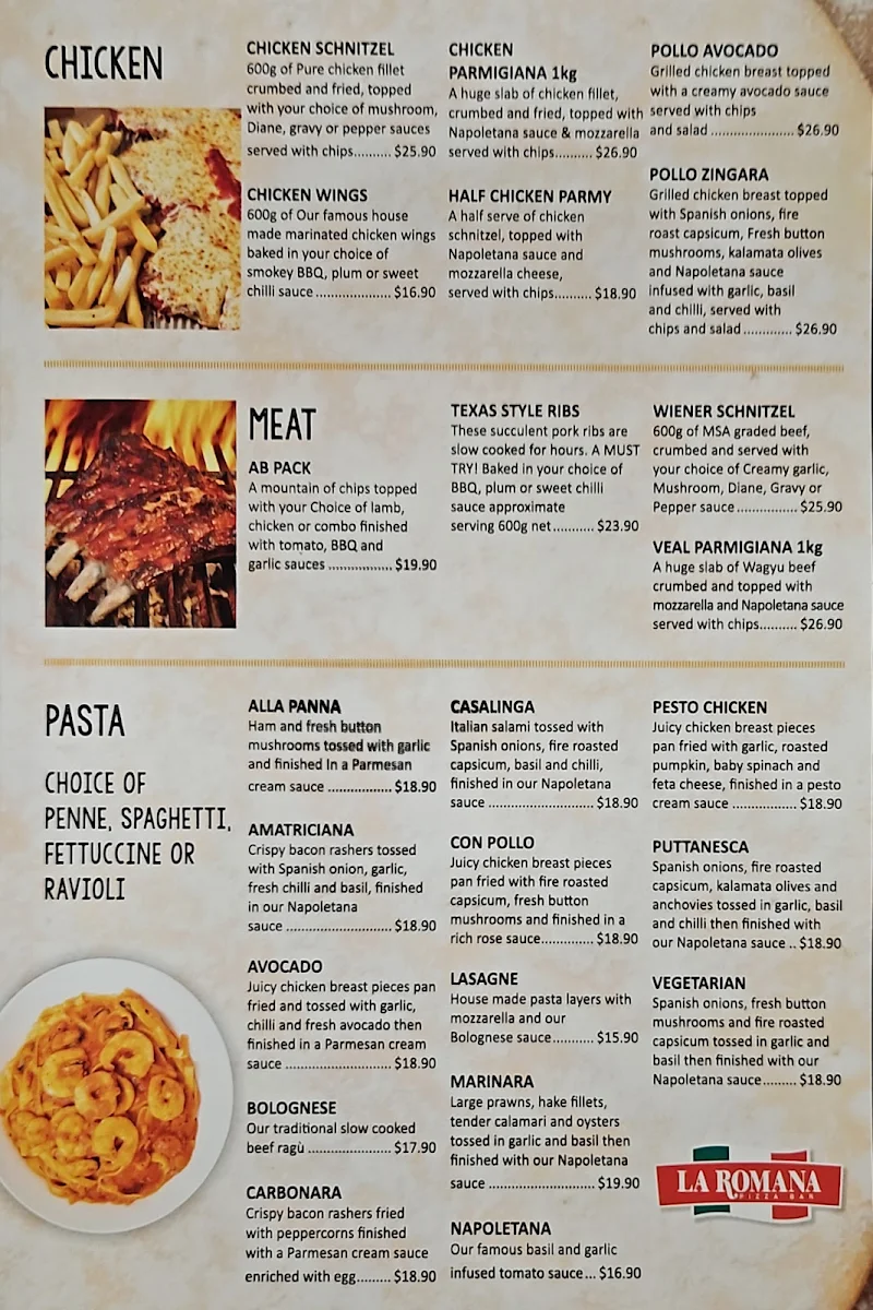 Menu, La Romana Pizza Bar Flagstaff Hill