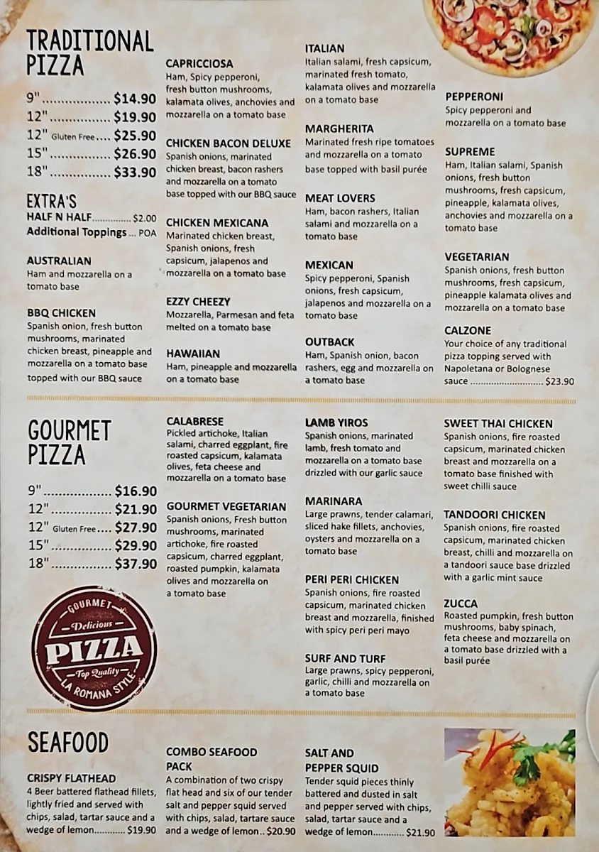 Menu, La Romana Pizza Bar Flagstaff Hill
