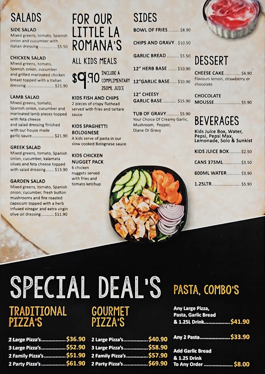Menu, La Romana Pizza Bar Flagstaff Hill