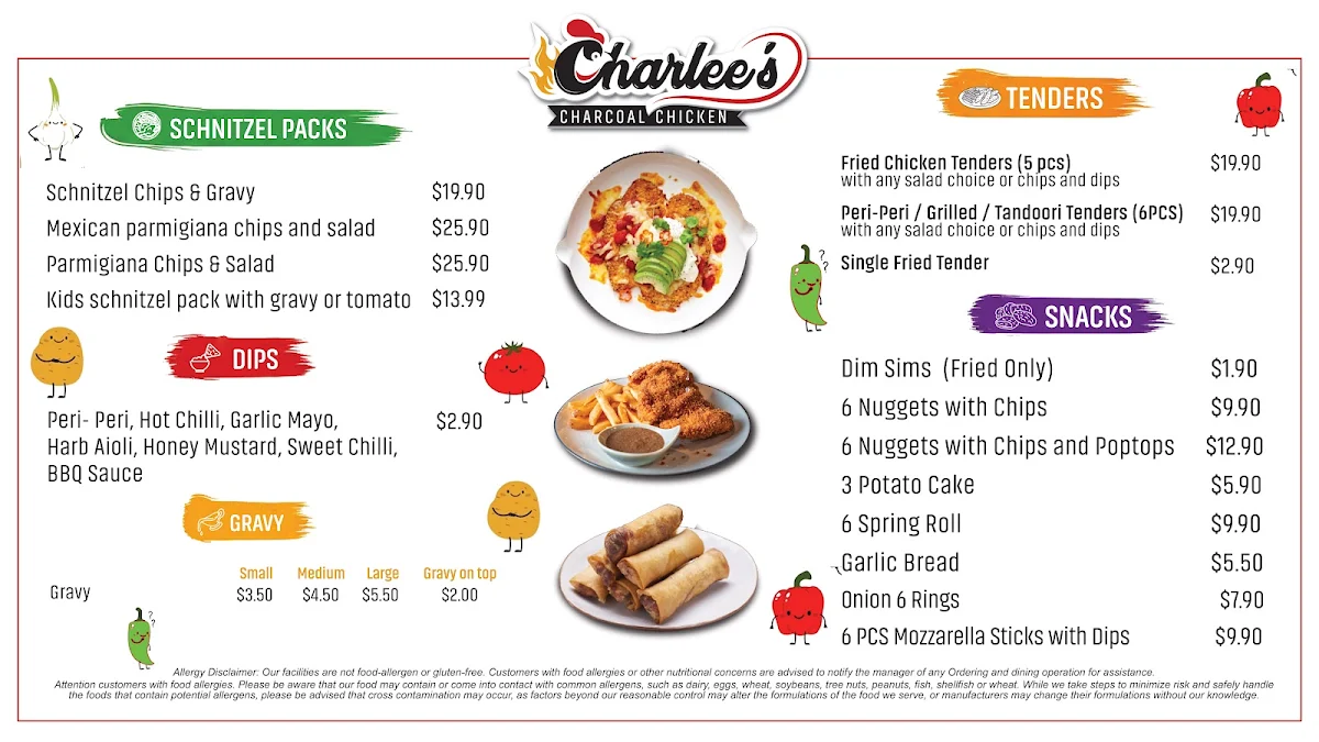 Menu, Charlee's Charcoal Chicken