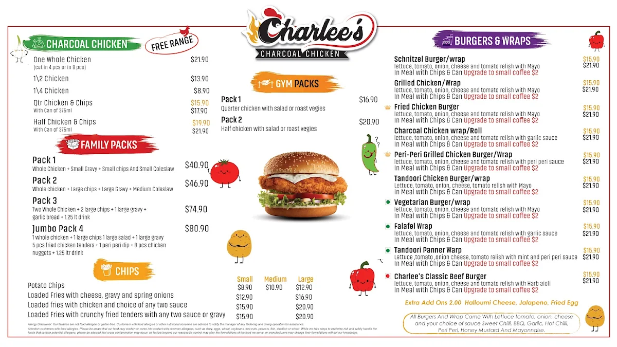 Menu, Charlee's Charcoal Chicken