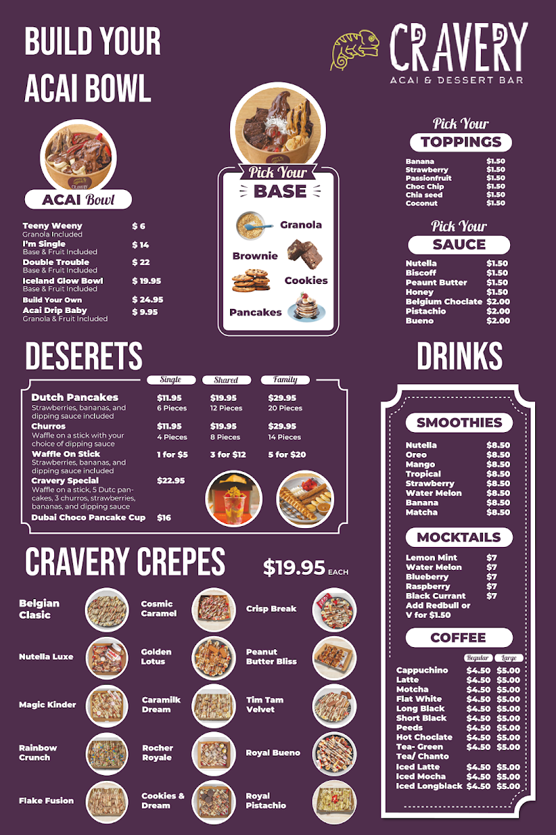 Menu, Cravery Crepes &Acai, drinks bubble tea shop