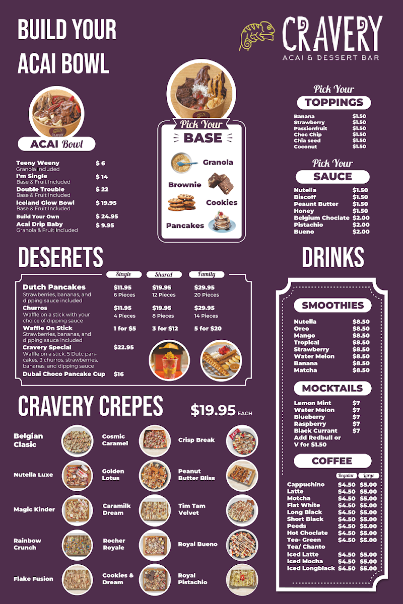Menu, Cravery Crepes &Acai, drinks bubble tea shop