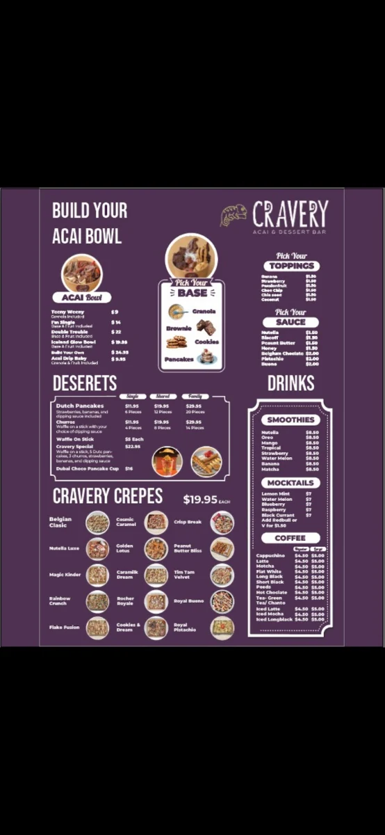 Menu, Cravery Crepes &Acai, drinks bubble tea shop