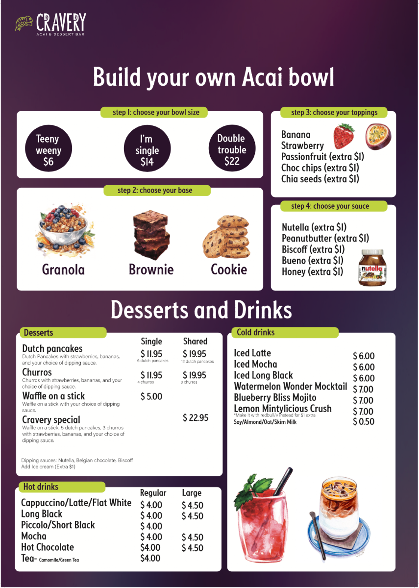 Menu, Cravery Crepes &Acai, drinks bubble tea shop