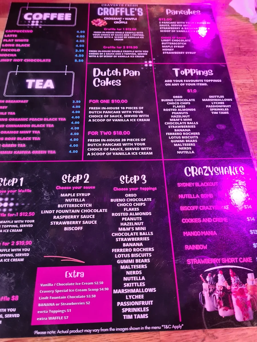 Menu, Cravery Crepes &Acai, drinks bubble tea shop