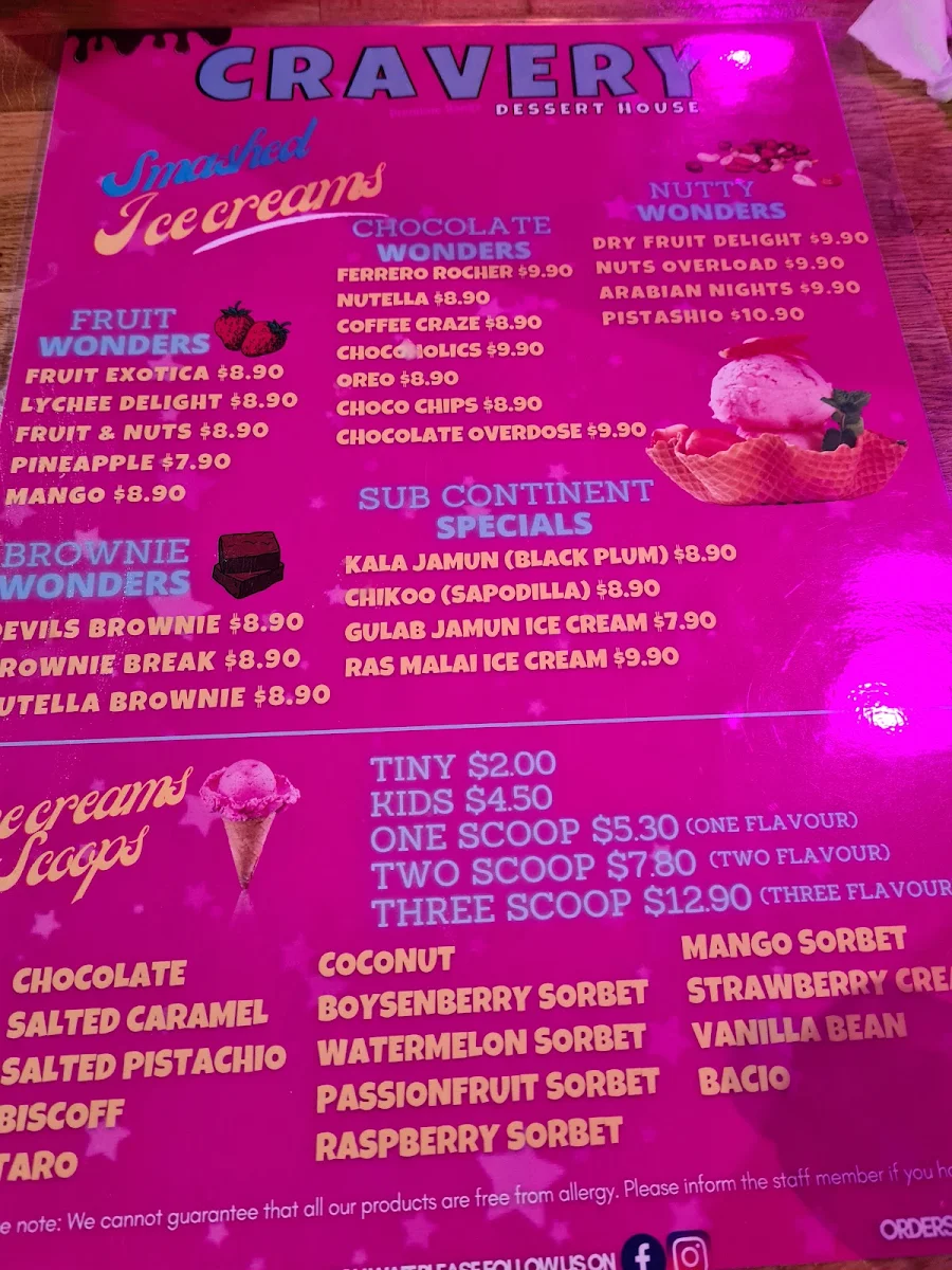Menu, Cravery Crepes &Acai, drinks bubble tea shop