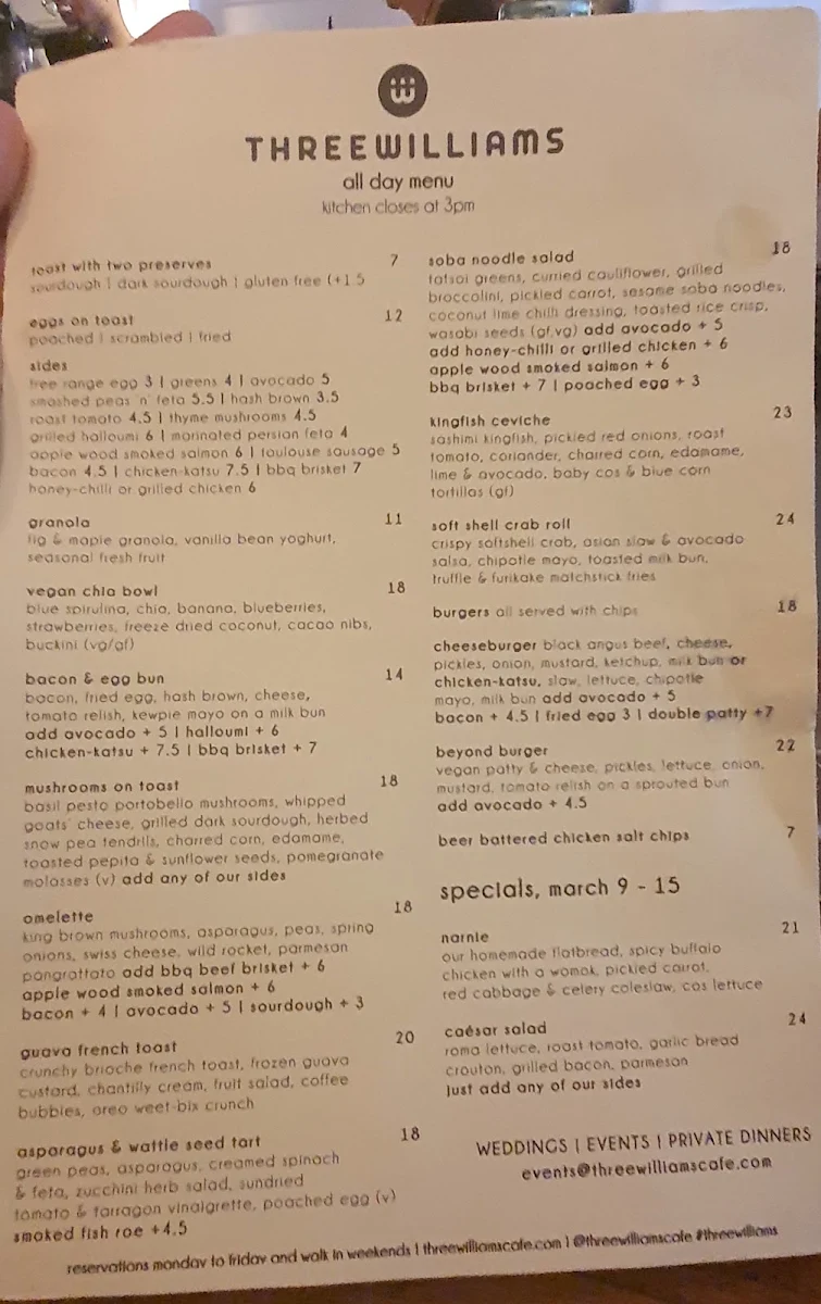Menu, Three Williams Cafe