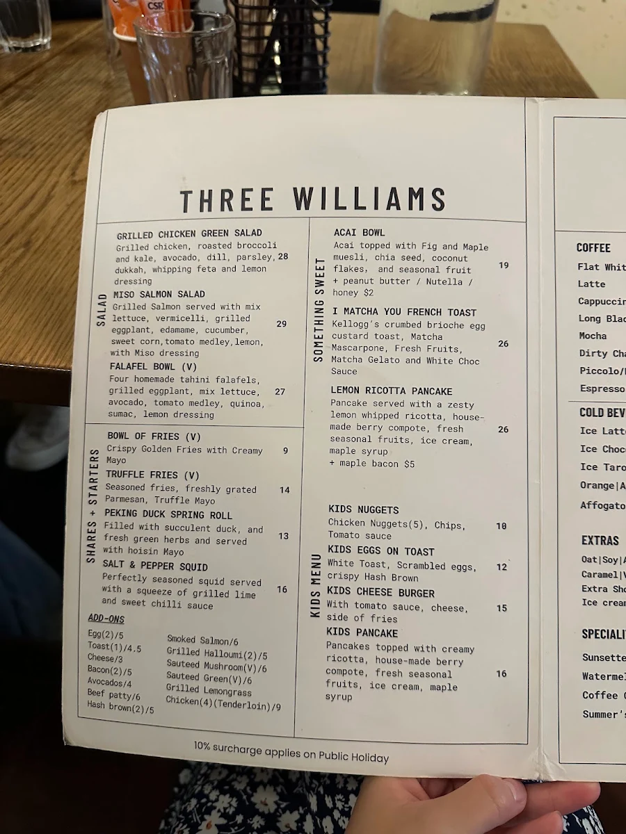 Menu, Three Williams Cafe